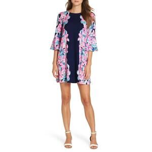 Lilly Pulitzer Ophelia Swing Dress Medium Blue Pink Floral Bell Sleeve Summer